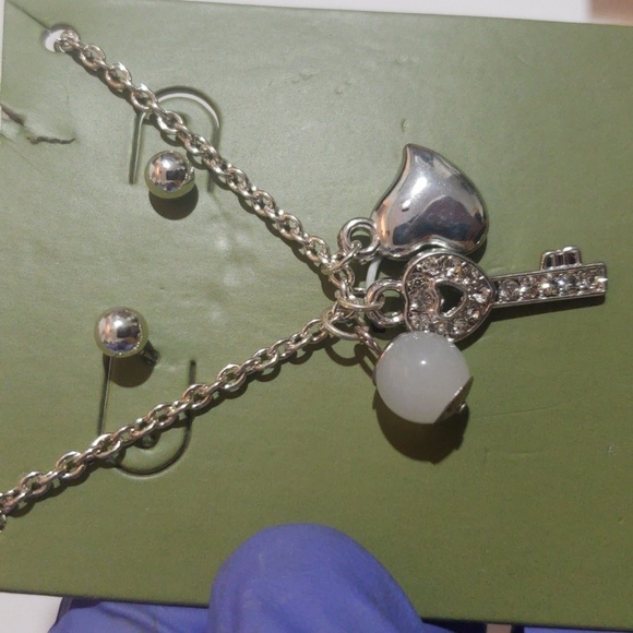 Silver-Tone Key, Heart & Pearl Pendant Necklace with Earrings - Women's Jewelry - Picture 6 of 6